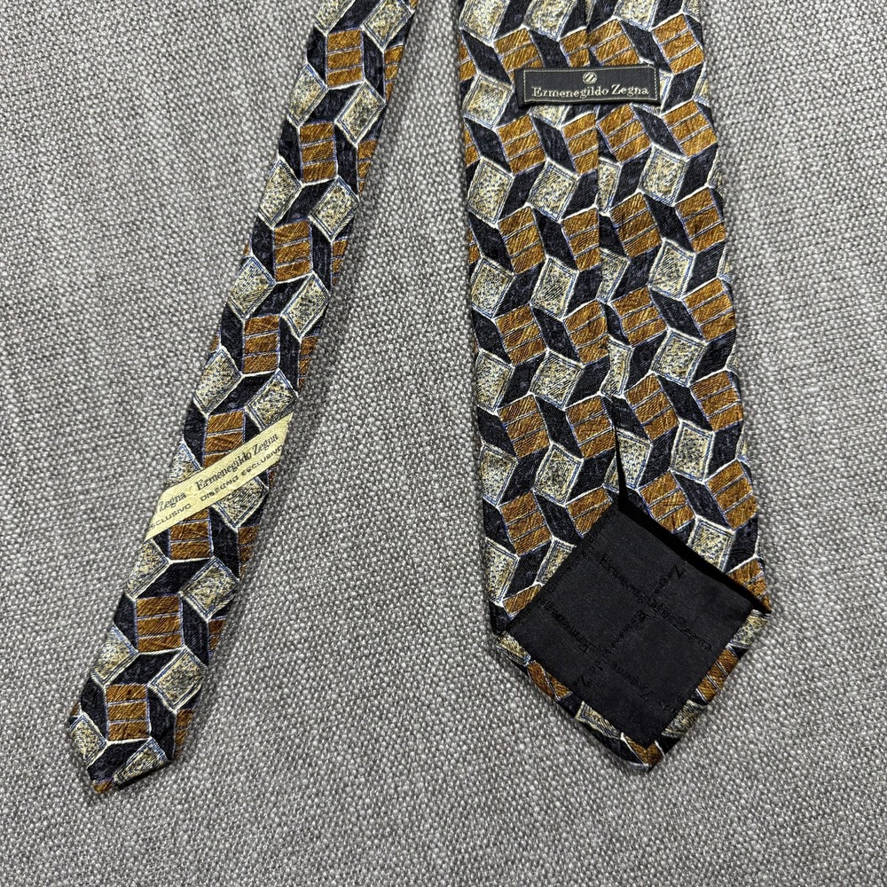 Ermenegildo Zegna Tie Mens One Size Brown Geometric Silk Made In Italy Jacquard